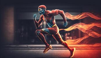 . . Photo shot realistic of running jogging walking man in the urban city park. Outdoor adventure superhero flash vibe. Graphic Art