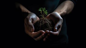 . . Photography concept of man holding earth with a little green glowing seedling that is sprouting. Photo of new life beginning inspiration. Graphic Art