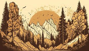 . . Mountain forest scene background landscape with trees. Nature outdoor motivational inspiration adventure explore vibe. Graphic Art photo