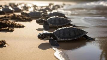 ai generado. ai generativo. macro Disparo de tortugas corriendo a el agua Oceano mar. foto de nacional geografía estilo. gráfico Arte