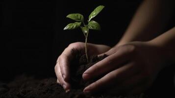 ai generativo. ai generativo. fotografía concepto de hombre participación tierra con un pequeño verde brillante planta de semillero ese es brotante. foto de nuevo vida comenzando inspiración. gráfico Arte