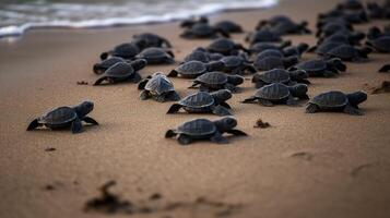 ai generado. ai generativo. macro Disparo de tortugas corriendo a el agua Oceano mar. foto de nacional geografía estilo. gráfico Arte