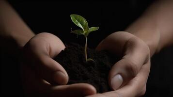 ai generativo. ai generativo. fotografía concepto de hombre participación tierra con un pequeño verde brillante planta de semillero ese es brotante. foto de nuevo vida comenzando inspiración. gráfico Arte