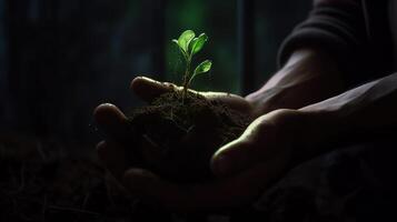 . . Photography concept of man holding earth with a little green glowing seedling that is sprouting. Photo of new life beginning inspiration. Graphic Art