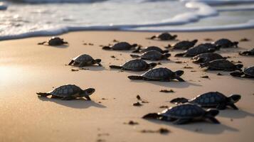 . . Macro shot of turtles running to the water ocean sea. Photo of national geography style. Graphic Art