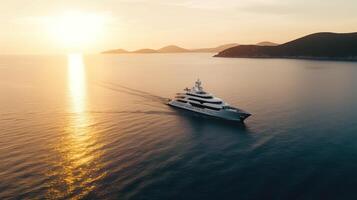 . . Photo Photography shot aerial from drone. Luxury big boat yacht. Cruise adventure vacation vibe. Can be used for promoting design agency. Graphic Art