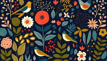 . . Abstract botanic floral flowers abstract pattern with birds. Graphic Art photo
