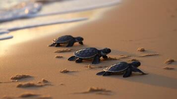 . . Macro shot of turtles running to the water ocean sea. Photo of national geography style. Graphic Art