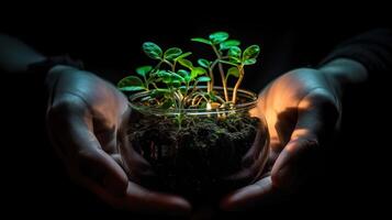 . . Photography concept of man holding earth with a little green glowing seedling that is sprouting. Photo of new life beginning inspiration. Graphic Art