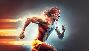 . . Photo shot realistic of running jogging walking man in the urban city park. Outdoor adventure superhero flash vibe. Graphic Art