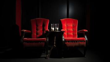 . . Romantic love two chairs for lovely couple at private cinema movie theatre Close up photography. Graphic Art photo