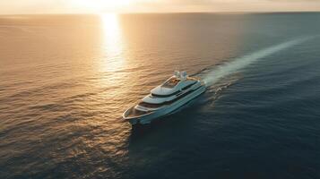 AI Generated. AI Generative. Photo Photography shot aerial from drone. Luxury big boat yacht. Cruise adventure vacation vibe. Can be used for promoting design agency. Graphic Art