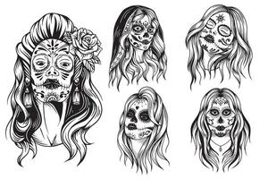 Set Bundle Collection Sugar skull girl Muertos girl face with flower roses painting Lady vintage style illustration vector