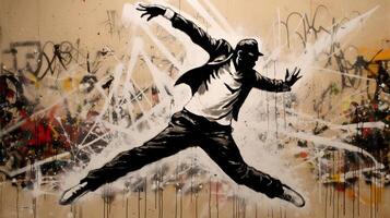 AI Generated. AI Generative. Street art graffiti of dancing person music rhythm. Inspired by Banksy underground culture. Graphic Art photo