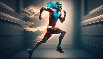 . . Photo shot realistic of running jogging walking man in the urban city park. Outdoor adventure superhero flash vibe. Graphic Art