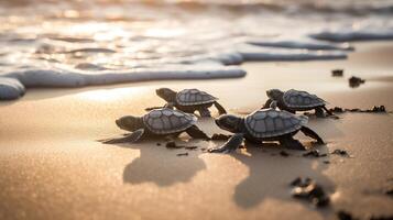 . . Macro shot of turtles running to the water ocean sea. Photo of national geography style. Graphic Art