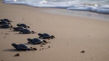. . Macro shot of turtles running to the water ocean sea. Photo of national geography style. Graphic Art