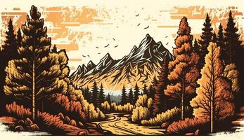 . . Mountain forest scene background landscape with trees. Nature outdoor motivational inspiration adventure explore vibe. Graphic Art photo