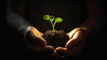 ai generativo. ai generativo. fotografía concepto de hombre participación tierra con un pequeño verde brillante planta de semillero ese es brotante. foto de nuevo vida comenzando inspiración. gráfico Arte