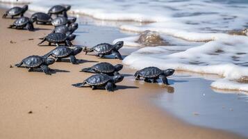 . . Macro shot of turtles running to the water ocean sea. Photo of national geography style. Graphic Art