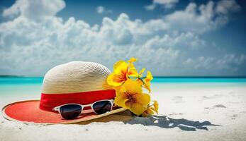 . . Macro photo shot of realistic hat with sunglasses. Beach adventure paradise tropical relax vacation vibe. Graphic Art