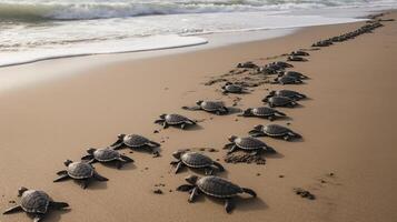. . Macro shot of turtles running to the water ocean sea. Photo of national geography style. Graphic Art