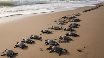 ai generado. ai generativo. macro Disparo de tortugas corriendo a el agua Oceano mar. foto de nacional geografía estilo. gráfico Arte