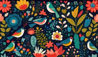 . . Abstract botanic floral flowers abstract pattern with birds. Graphic Art photo