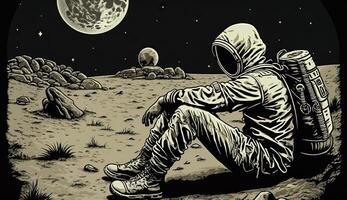 . . Lonely astronaut at galaxy space moon surface. Can be used for graphic design or home posters decoration. Graphic Art. photo