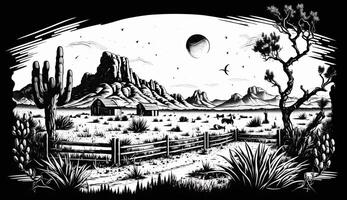 . . Native american western scene background with and rocks landscape. Can be used for home decoration. Wild west. Black and white. Graphic Art photo