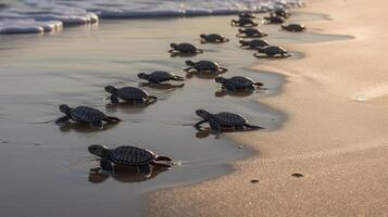 . . Macro shot of turtles running to the water ocean sea. Photo of national geography style. Graphic Art