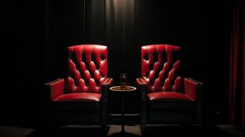 . . Romantic love two chairs for lovely couple at private cinema movie theatre Close up photography. Graphic Art photo