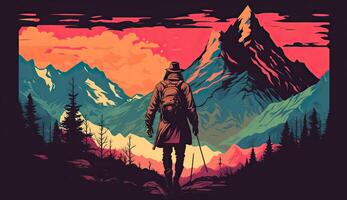 ai generado. ai generativo. aventuras al aire libre naturaleza motivacional póster con hombre en pie en fron de un montaña. gráfico Arte foto