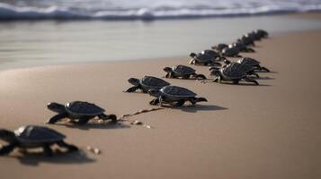 ai generado. ai generativo. macro Disparo de tortugas corriendo a el agua Oceano mar. foto de nacional geografía estilo. gráfico Arte