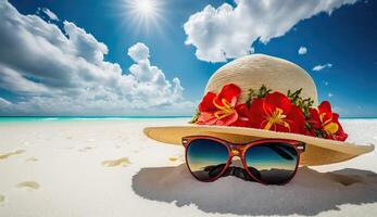 . . Macro photo shot of realistic hat with sunglasses. Beach adventure paradise tropical relax vacation vibe. Graphic Art