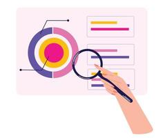 Hand with a magnifying glass, analysis of the financial report. Diagram Circle Infographic with Financial Business Graph. Financial report chart, data analysis, web development concept. Vector