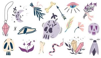 Halloween elements set. Magic symbols, skull, dried herbs, crystals, skulls, moth, eyes and snakes. Ideal for postcards, prints, prints, invitations and stickers. Cartoon  vector illustration.