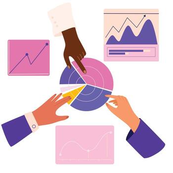 Hands hold the chart. Infographics. Concepts teamwork and investments with a piece of chart. Online marketing, financial report chart, data analysis, web development concept.  Vector illustration