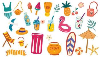 verano artículos recopilación. playa elementos para mar vacaciones. protector solar, bucear máscara y tubo respirador, viaje auto, tabla de surf, zapatillas, hielo crema, ukelele, exótico frutas dibujos animados vector ilustración