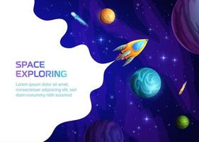 Space landing page with cartoon rocket in galaxy vector