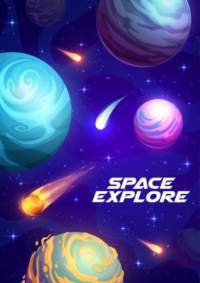 Cartoon space galaxy planets, comets and stars