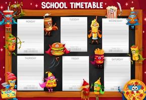 Timetable schedule with fast food hero characters vector