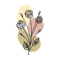 Hand drawn outline flower in doodle style with abstract color splashes added. Illustration, vector