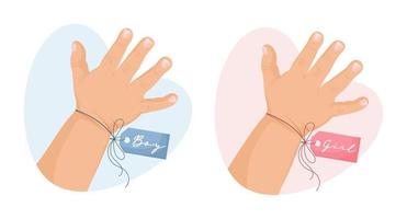 Hands of a girl and a boy with a pink and blue tag. Icon set, newborn illustration. Pastel colors, vector