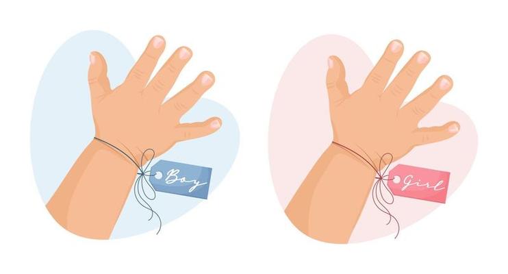 Hands of a girl and a boy with a pink and blue tag. Icon set, newborn illustration. Pastel colors, vector