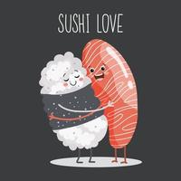 Cartoon illustration of sushi love hugging couple, salmon hugging rice. Asian food icon, restaurant menu, vector