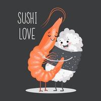 dibujos animados ilustración de Sushi amor abrazando pareja, camarón abrazando arroz. asiático comida icono, restaurante menú, vector