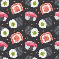 Seamless pattern with sushi and shrimps on a dark background. Colorful food background, restaurant menu, vector