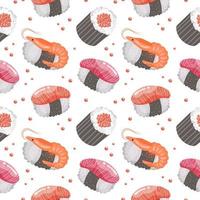 Seamless pattern with sushi and shrimps on a white background. Colorful food background, restaurant menu, vector