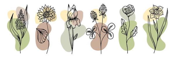 Hand drawn outline flowers in doodle style with abstract spots added, set. Icons, vector